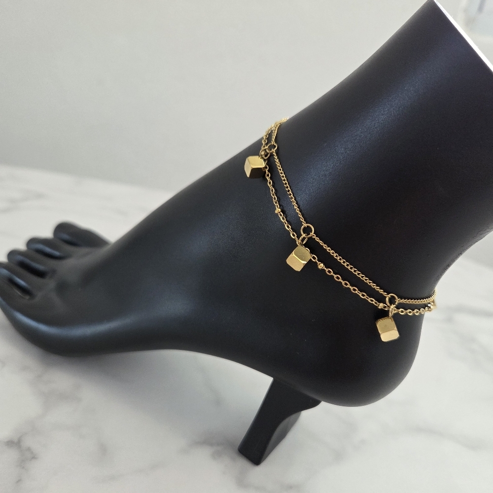 Dainty Gold Cube Charm Anklet Layered Double Strand Foot Bracelet Boho Beach - Picture 6 of 11